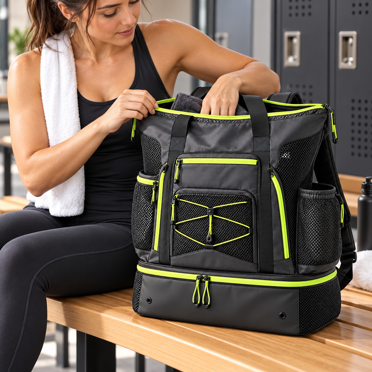 Black Lime Swim & Gym Tote Backpack with Bottom Compartment