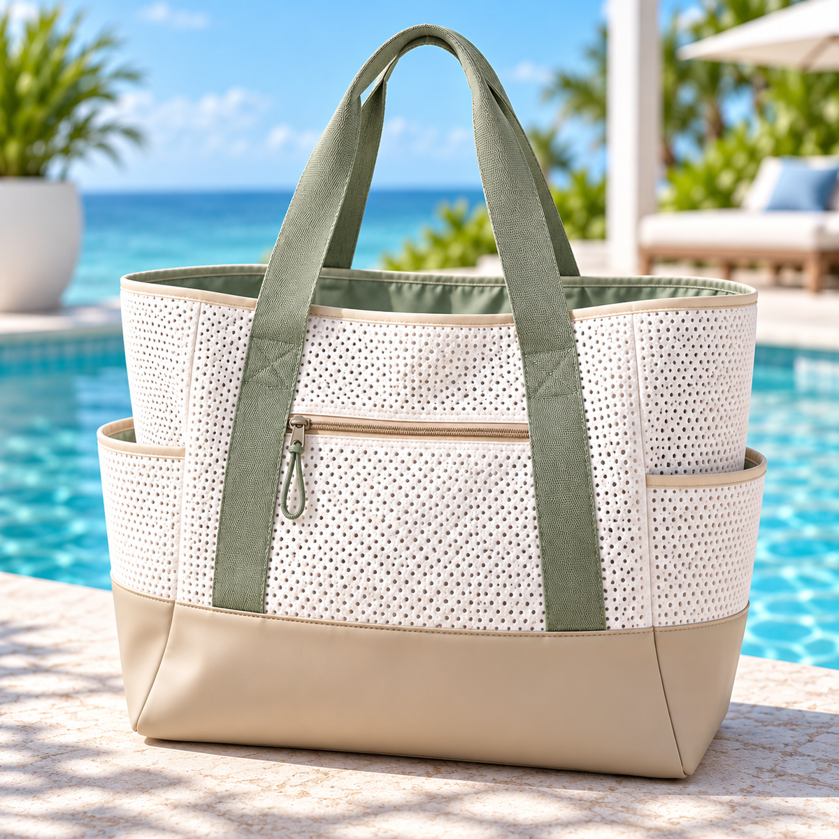 Sage Mesh Swim & Gym Tote – Ivory with Green Handles