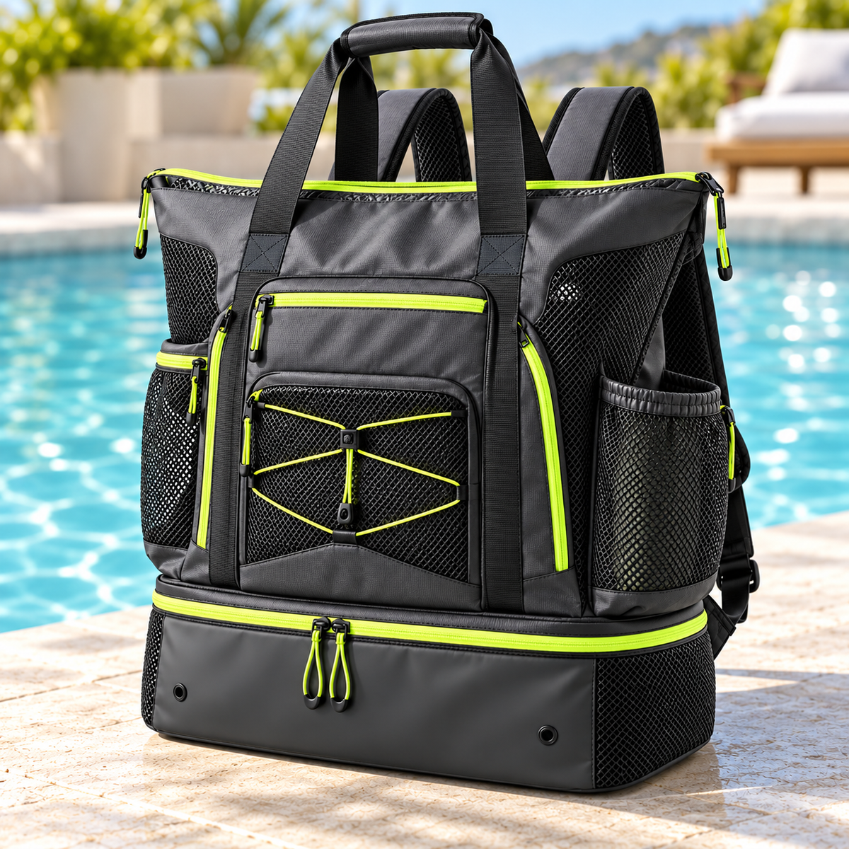 Black Lime Swim & Gym Tote Backpack with Bottom Compartment