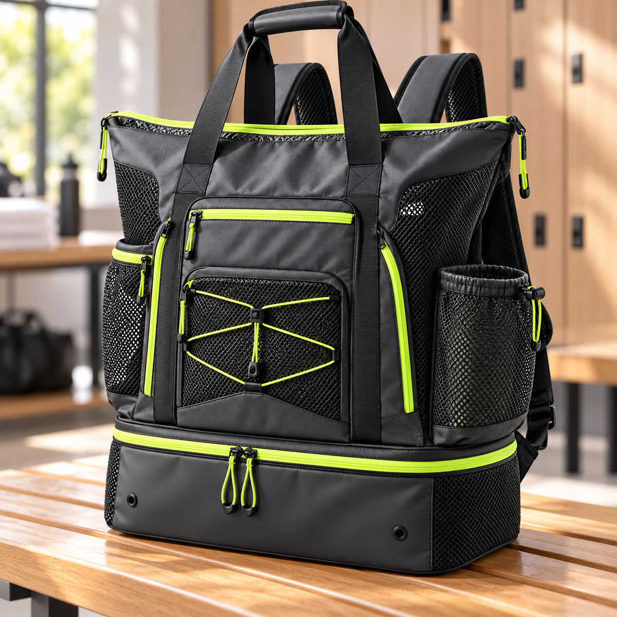 Black Lime Swim & Gym Tote Backpack with Bottom Compartment