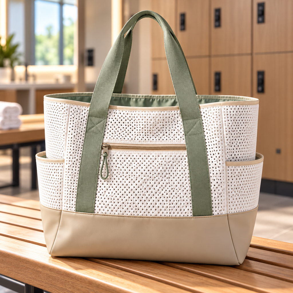 Sage Mesh Swim & Gym Tote – Ivory with Green Handles