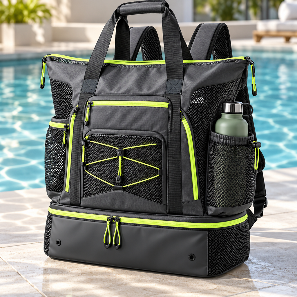 Black Lime Swim & Gym Tote Backpack with Bottom Compartment